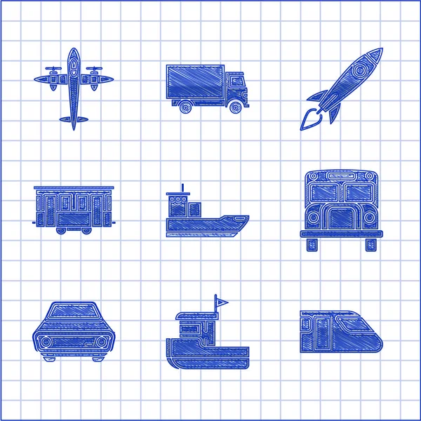 Kargo gemisi, balıkçı teknesi, tren, okul otobüsü, eski tramvay, roket ve eski model uçak ikonu. Vektör — Stok Vektör