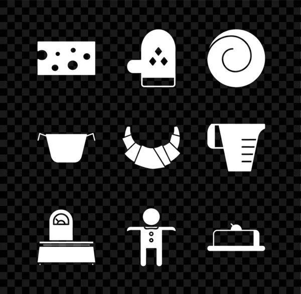 Set Cheese, Oven glove, Roll bun with cinnamon, Scales, Holiday gingerbread man cookie, Strawberry cheesecake slice, Cooking pot and Croissant icon. Vector Royalty Free Stock Vectors