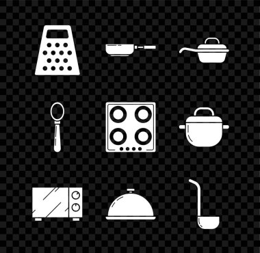 Grater, kızartma tavası, mikrodalga fırın tepsi tepsiyle kaplanmış mutfak kepçesi, kaşık ve gaz sobası ikonu. Vektör