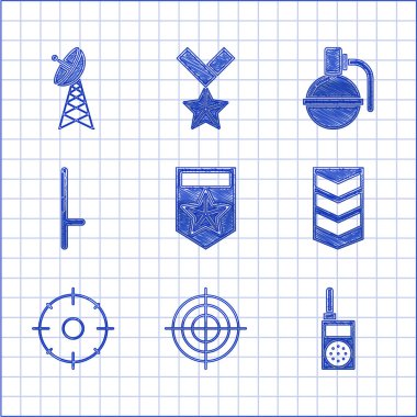 Chevron, atış yarışması için hedef sporu, telsiz, askeri rütbe, polis kauçuk copu, el bombası ve Radar ikonu. Vektör