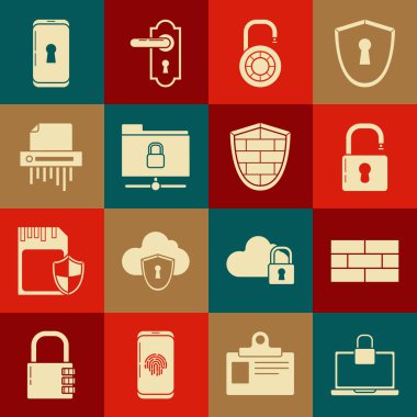 Dizüstü bilgisayarı ve kilidi, Bricks 'i, Açık asma kilidi, güvenli kombinasyon çarkını, FTP klasörünü, kağıt öğütücüsünü, akıllı telefonu ve siber güvenlik duvarı simgesini ayarla. Vektör