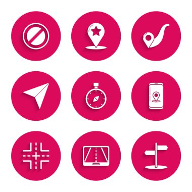 Pusula ayarlayın, şehir haritası navigasyon bilgileri, trafik işaretleri, kağıt uçak, rota konumu ve dur simgesi. Vektör