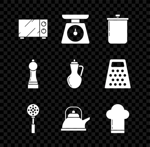 Set Mikrowelle, Waage, Kochtopf, Spachtel, Wasserkocher mit Griff, Kochmütze, Pfeffer und Flasche Olivenöl-Symbol. Vektor — Stockvektor