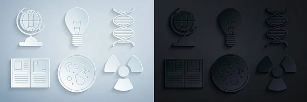 Set Bactéries, Symbole ADN, Livre ouvert, Radioactif, Ampoule avec concept d'idée et icône globe terrestre. Vecteur — Image vectorielle