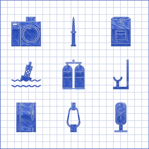 Set Aqualung, Mosquetón, Escala de calibre, Snorkel, Cuaderno de notas subacuáticas y lápiz, Boya flotante en el mar, Mochila y cámara de fotos para el icono del buzo. Vector — Archivo Imágenes Vectoriales