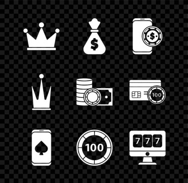 Crown, Money çanta, Online poker masası, kumarhane fişleri, kumar makinesi, ve para ikonu istifliyor. Vektör