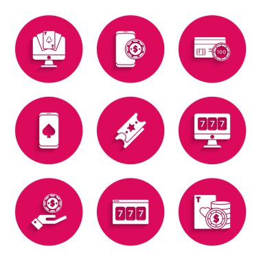 Piyango bileti, Online kumar makinesi, şanslı yedili piyango, kumarhane fişi ve iskambil kağıtları, el ele tutuşan kumarhane fişleri, poker masası oyunu, kredi kartı ve ikon. Vektör