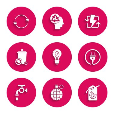 Ampulü yaprak, toprak gezegeni ve geri dönüşüm sembolü, etiket sembolü, elektrik prizi, su musluğu, geri dönüşüm kutusu geri dönüşümü, şarj ve simge ile ayarla. Vektör