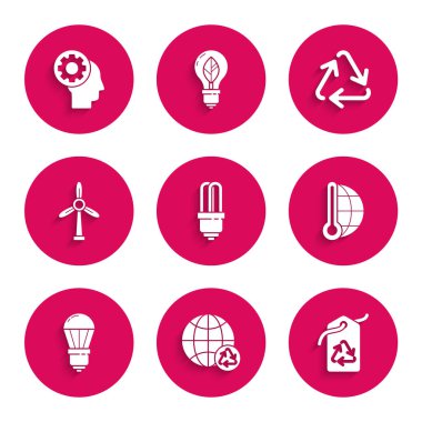 LED ampulü, Dünya Gezegeni 'ni ve geri dönüşüm cihazını, geri dönüşüm sembollü etiketi, Meteoroloji termometresi ölçümünü, rüzgar türbinini, Geri Dönüşüm cihazını ve simgenin içindeki insan başlığını ayarla. Vektör