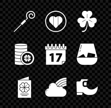 Set Bastonu, Dört Yaprak Yonca, Patricks Günü broşürü, kartpostal, Bulutlu Gökkuşağı, Geleneksel Leprikon çizmeleri, Altın Para 4 ve Patricks takvim ikonu. Vektör