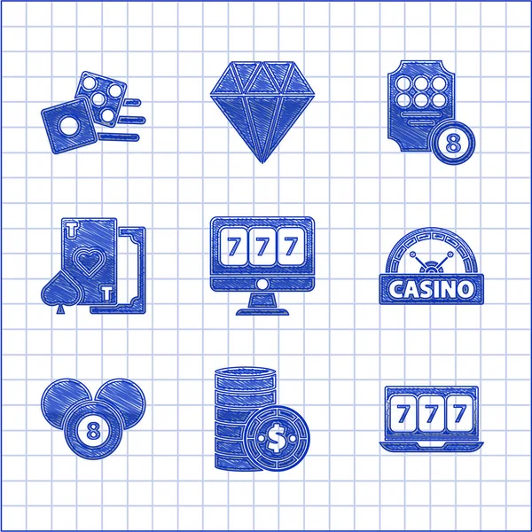 Set Online gokautomaat met gelukkige zevens jackpot, Casino chip dollar, signboard, Biljart pool snooker 8 ball, speelkaart hart, en Game dobbelstenen pictogram. Vector — Stockvector