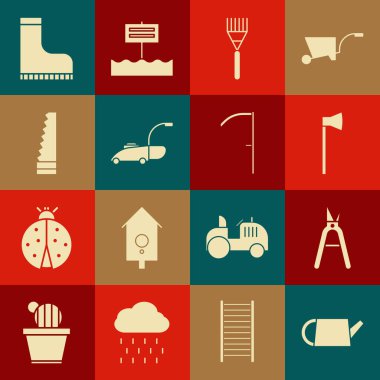 Sulama kutusu, bahçe makası, tahta balta, tırmık, çim biçme makinesi, testere, su geçirmez lastik bot ve tırpan ikonu. Vektör