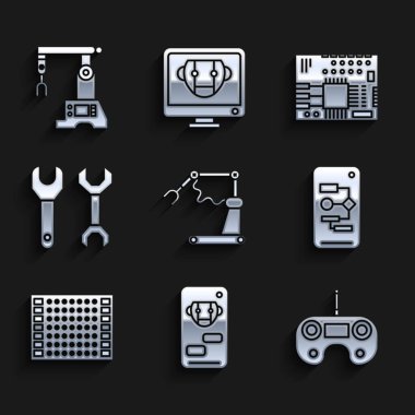 Endüstriyel makine robot kol el fabrikası, Bot, Uzaktan kumanda, Algoritma, basılı devre kartı PCB, Spanner ve Assembly line simgesi. Vektör