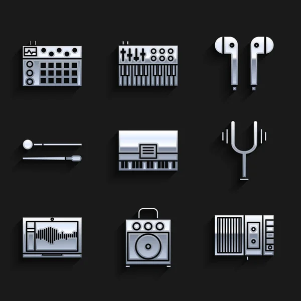 Conjunto de piano, amplificador de guitarra, reproductor de cinta de música, tenedor de afinación musical, grabadora de audio de sonido en el ordenador portátil, palos de batería, auriculares de aire y el icono de la máquina. Vector — Vector de stock