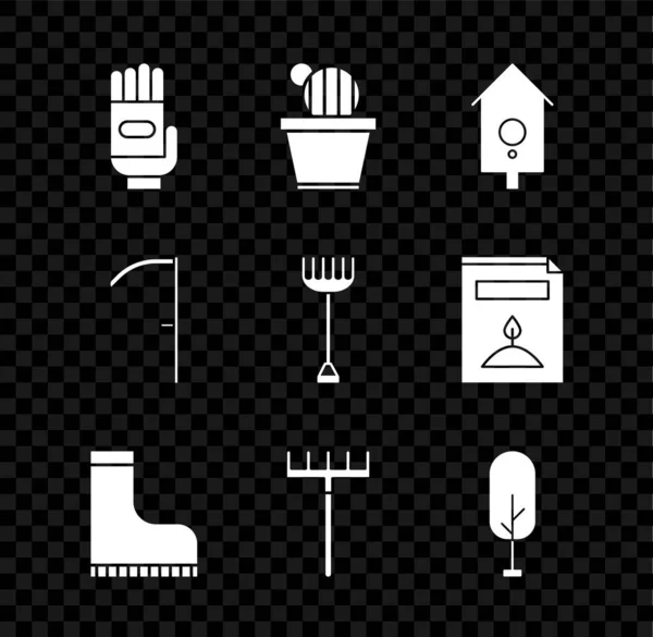 Set Tuinhandschoenen, Cactus en sappig in pot, Retro wandhorloge, Waterdichte rubberen laars, hark, Boom, Scythe en icoon. Vector — Stockvector