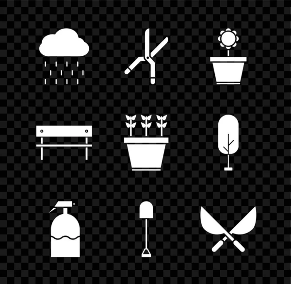 Állítsa felhő eső, Kertészeti kézzel készített olló, Virágcserép, permetező, lapát, pad és növények ikon. Vektor — Stock Vector
