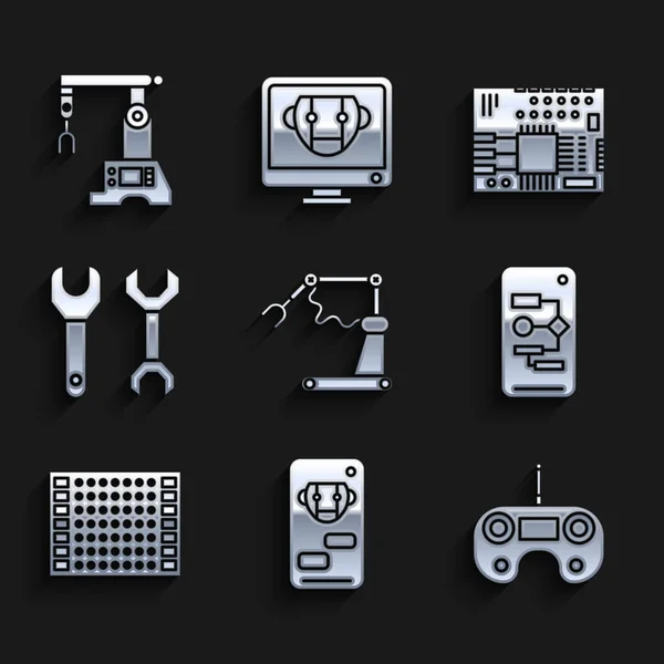 Set Industrial machine robotic robot arm hand factory, Bot, Remote control, Algorithm, Printed circuit board PCB, Spanner, and Assembly line icon. Vector — Vector de stock