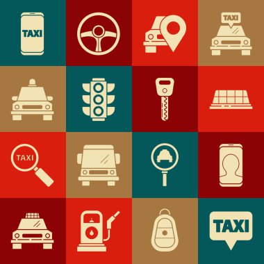 Harita işaretçisini taksi, taksi, telefon servisi, araba çatısı, trafik ışığı ve araba anahtarı ikonu ile ayarla. Vektör