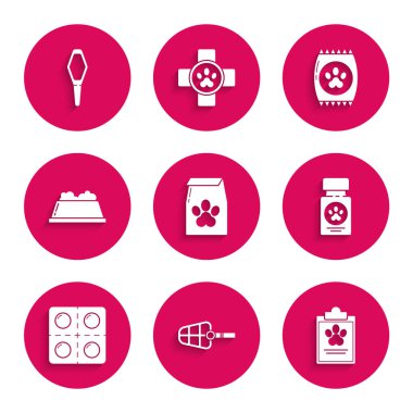 Evcil hayvan için yiyecek çantası, köpek ağızlığı tıbbi kayıtlarla dolu bir pano ilaç şişesi ve haplar, evcil hayvan kasesi ve ikon. Vektör