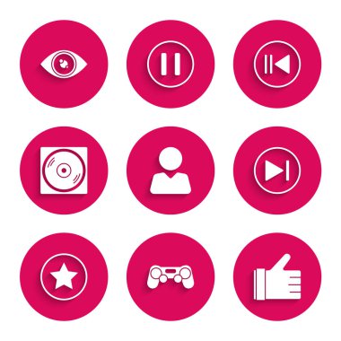 Arkadaşa Ekle, Gamepad, Hand ileri sar, Star, Vinil disk, Geri sar ve Göz simgesi gibi. Vektör
