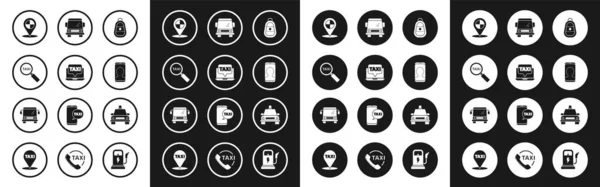 Set Autosleutel met afstandsbediening, Laptop oproep taxi service, Vergrootglas en auto, Map pointer, Taxi telefoon, en Bus pictogram. Vector — Stockvector