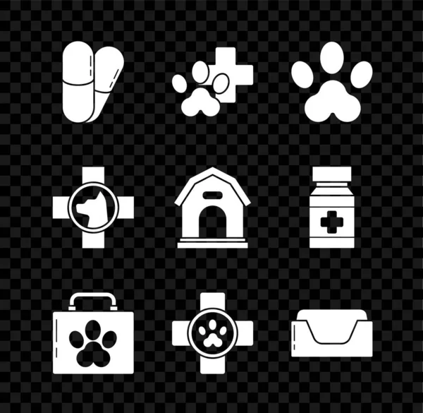 Set Perros y pastillas, símbolo de la clínica veterinaria, huella de la pata, kit de primeros auxilios para mascotas, cama e icono de la casa. Vector — Archivo Imágenes Vectoriales