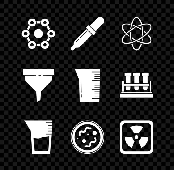 Set Fórmula química, pipeta, átomo, vaso de vidrio de laboratorio, bacterias, radiactivos, filtro de embudo e icono. Vector — Archivo Imágenes Vectoriales