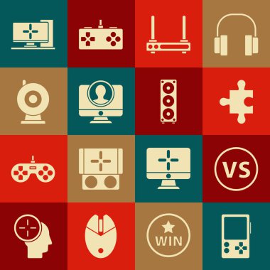 Taşınabilir oyun konsolu, VS Versus savaşı, Yapboz Parçası, Router ve Wi-fi sinyali, Hesap ekranı, Web kamerası, Bilgisayar monitörü ve Stereo hoparlör simgesi oluşturun. Vektör