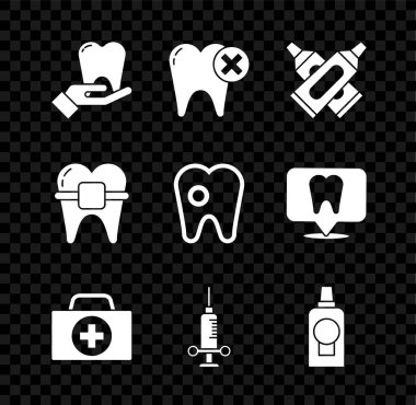 Diş fırçası, çapraz diş macunu tüpü, ilk yardım çantası, diş macunu şırıngası, ağız gargarası plastik şişe, diş teli ve ikon. Vektör
