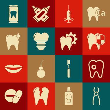 Diş pensesini ayarla, diş bakımı, korunma, tıbbi şırınga, implant, beyazlatma konsepti, çevrimiçi diş bakımı ve tedavi yöntemi ikonu. Vektör