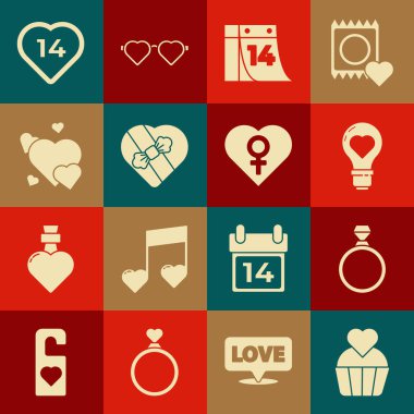 Kalpli düğün pastası, elmas nişan yüzüğü, kalp şeklindeki ampul, takvim 14 Şubat, şeker şekilli kutu ve kadın cinsiyet ikonu. Vektör