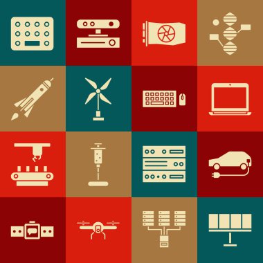 Güneş enerjisi paneli, elektrikli araba, dizüstü bilgisayar, görüntü kartı, rüzgar türbini, ateşli roket gemisi, haplar, klavye ve fare simgesi. Vektör