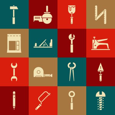 Metalik vida, Trowel, inşaat zımbası, macun bıçağı, tahta uçak aleti, çimento torbası, çekiç ve ayarlanabilir anahtar simgesi. Vektör