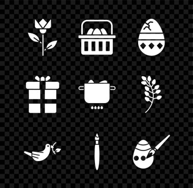 Çiçek lalesi, Paskalya yumurtalı sepet, çatlak, barış güvercini zeytin dalı, boya fırçası, Paskalya ve boya, hediye kutusu ve sıcak yumurta ikonu. Vektör