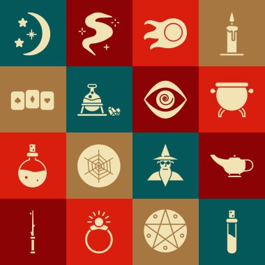 Aşk iksiri, sihirli lamba ya da Aladdin, cadı kazanı, ateş topu ve sihirli taş, iskambil kağıtları, ay yıldızları ve Hipnoz ikonu ile ayarlayın. Vektör