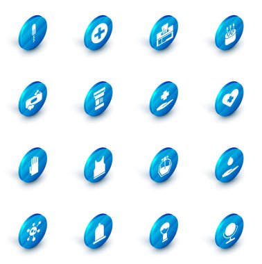 Cross hastanesi sağlık ekibi, ıslak mendil, kulak için pamuk çubuğu sabun, lastik eldiven, ilaç şişesi, haçlı ve ikonlu kalp. Vektör