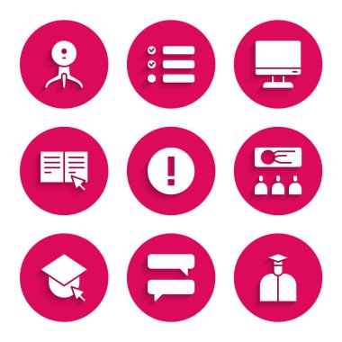 Bilgilendirme Bilgileri, Konuşma Balonu Sohbeti, Öğrenci, Eğitim, Sunum, Mezuniyet Şapka Küresi, Çevrimiçi Kitap, Bilgisayar monitörü ve Web kamera simgesi. Vektör
