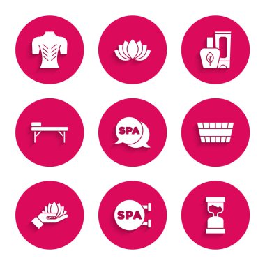 Spa salonu, eski kum saati, sauna kovası, nilüfer çiçeği, masaj masası, krem tüpü ve ikon. Vektör