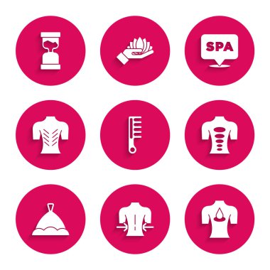 Saç fırçası, masaj, aroma yağı, taş terapi, sauna şapkası, spa salonu ve eski kum saati ikonu. Vektör