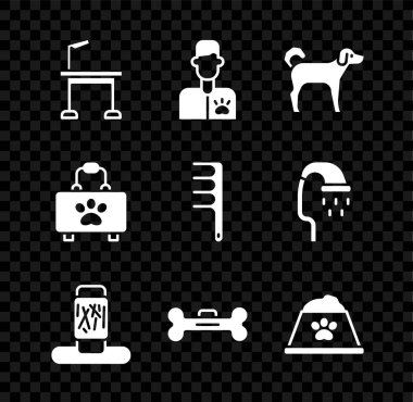 Hayvan bakım masası, veteriner doktor, köpek, kedi tırmalama direği, kemik, yemek kasesi, ilk yardım çantası köpek ve kedi ikonu için saç fırçası. Vektör