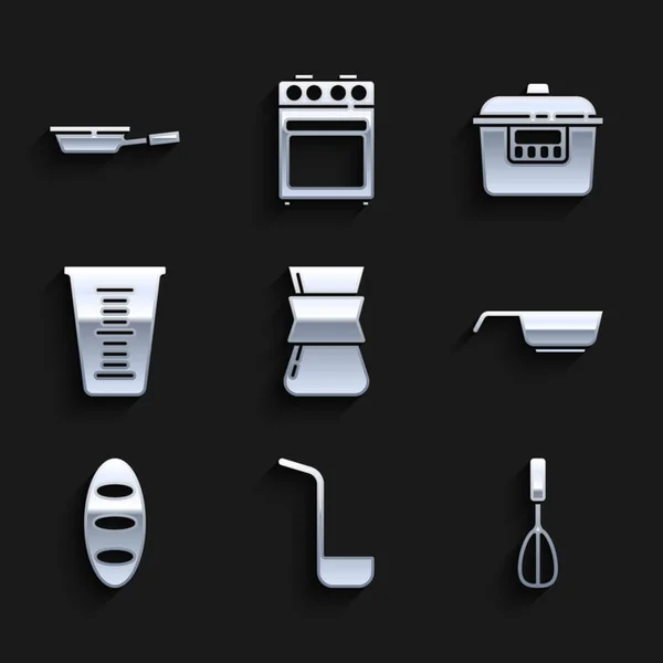 Set Turc de café, louche de cuisine, fouet, poêle, pain pain, tasse à mesurer, cuisinière lente et icône. Vecteur — Image vectorielle