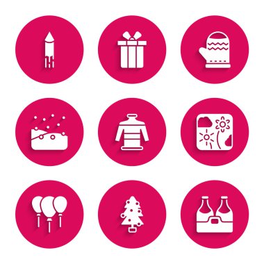 Noel süveteri, ağaç, şampanya şişesi, havai fişek, kurdeleli balonlar, kartopu, eldiven ve ikon. Vektör