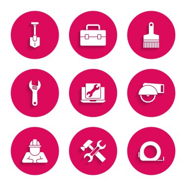 Dizüstü bilgisayar servisi, çekiç ve anahtar, rulet inşaatı, elektrikli testere, İnşa, Ayarlanabilir, Boya fırçası ve Kürek ikonu. Vektör