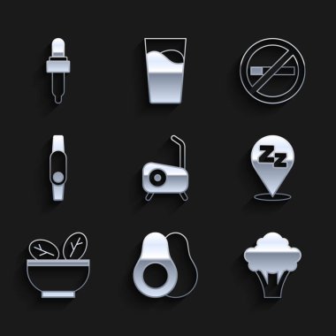 Sabit bisiklet, Avocado meyvesi, brokoli, uykulu, kasede salata, Smartwatch, Sigara İçilmez ve yağ ikonlu Pipette. Vektör