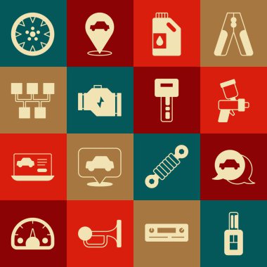 Uzaktan kumandalı araba anahtarı, servis, boya tabancası motor yağı tenekesi, kontrol motoru, vites kolu, alloy tekerlek ve simge. Vektör