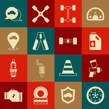 Alaşımlı tekerlek, boya tabancası, motor yağı tenekesi, Chassis arabası, akü akü takviyesi kablosu, servis yeri ve ikon. Vektör