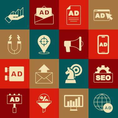 Reklamcılığı, SEO optimizasyonunu, Hedef, Mıknatıs, Pasta grafiği bilgisini ve Megaphone simgesini ayarla. Vektör