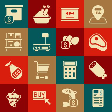 Kağıt ya da finans çeki, salam sosisi, biftek eti, konserve balık, elektronik pullar, kutularla dolu depo içi, karton karton fiyat ve yumurta ikonu için fiyat etiketi. Vektör