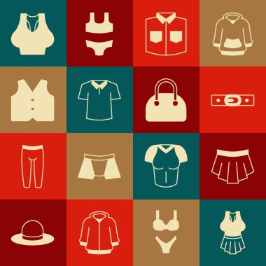 Undershirt, Etek, Kemer, Gömlek, Yelek ve Çanta ikonu. Vektör
