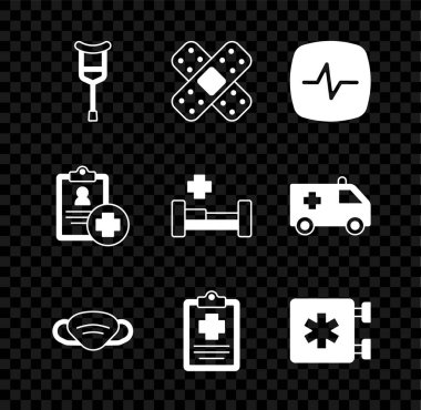 Koltuk değnekleri ya da koltuk değnekleri, çapraz bandaj, kalp atış hızı, tıbbi koruyucu maske, hasta kaydı, acil durum - Yaşam Yıldızı ve hastane yatak ikonu. Vektör